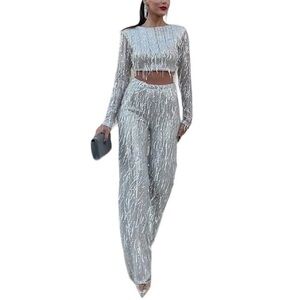 Women’s Tassel Suit Silver Crop Top Wide Leg Pants